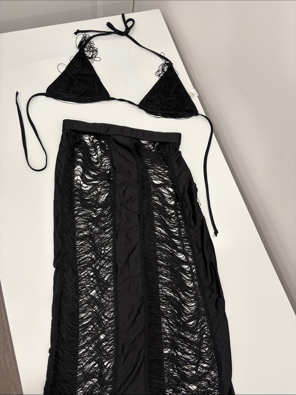 Black Fringe Triangle Bikini Top and Sheer Maxi Cover-Up